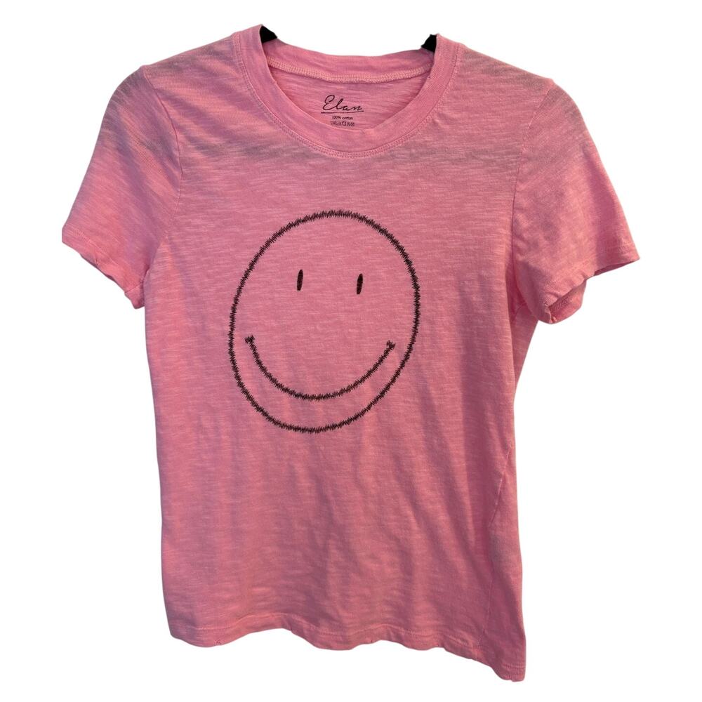 ELAN Pink Smiley Face Graphic Tee Shirt Slub Cotton Distressed Edges Size Medium